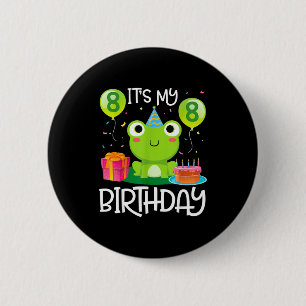 Frosch tanzt Luftballons Kuchen glücklich 8 Jahre Button