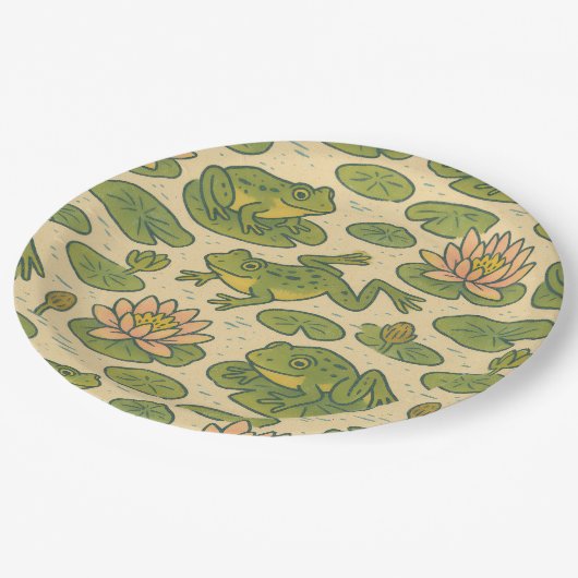 Frosch und Lili Pads Wasserlilien Frösche Pappteller (Schrägansicht)