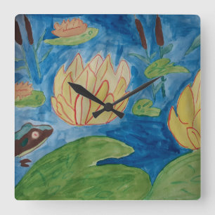 Frosch- und Wasserlilien-Uhr Quadratische Wanduhr