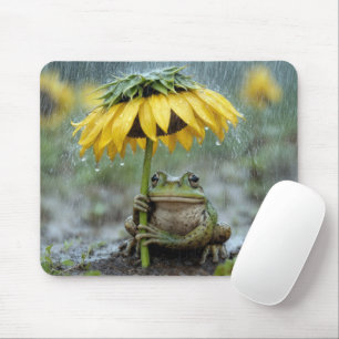 Frosch unter einem Sonnenblumenschirm im Regen Mousepad