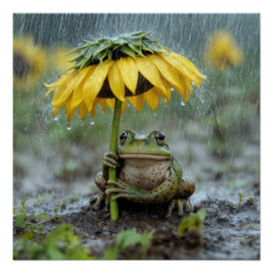 Frosch unter einem Sonnenblumenschirm im Regen Poster