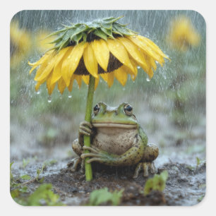 Frosch unter einem Sonnenblumenschirm im Regen Quadratischer Aufkleber