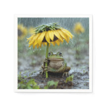 Frosch unter einem Sonnenblumenschirm im Regen