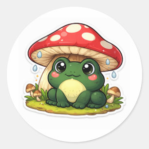 Frosch unter einem übergroßen Pilz Runder Aufkleber