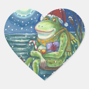 FROSCH WEIHNACHTSMANN AUF HOLZSTAMM, FEIERTAGS-WEI Herz-Aufkleber