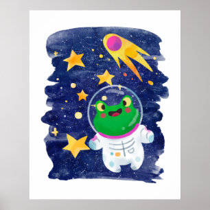 Frosch Weltraum Astronaut Komet Sterne Kinderzimme Poster