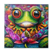 Frosch Whimsical Abstrakte Malerei Kunst Blumengrü Fliese (Vorderseite)