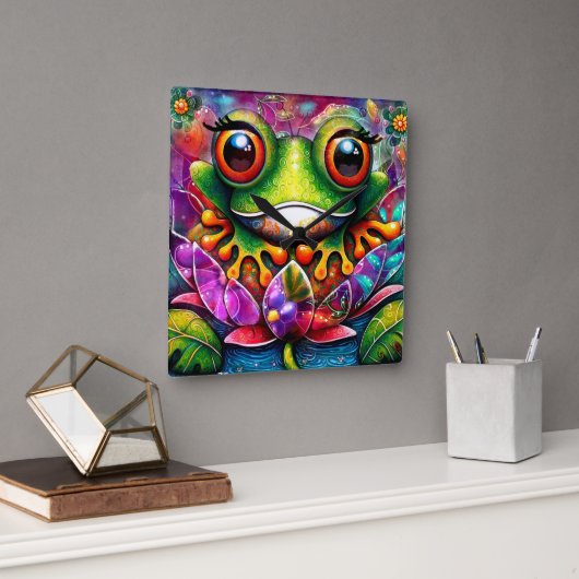 Frosch Whimsical Abstrakte Malerei Kunst Blumengrü Quadratische Wanduhr (Büro)