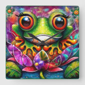 Frosch Whimsical Abstrakte Malerei Kunst Blumengrü Quadratische Wanduhr (Vorderseite)