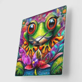 Frosch Whimsical Abstrakte Malerei Kunst Blumengrü Quadratische Wanduhr (Winkel)