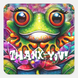 Frosch Whimsical Abstrakte Malerei Kunst Blumengrü Quadratischer Aufkleber