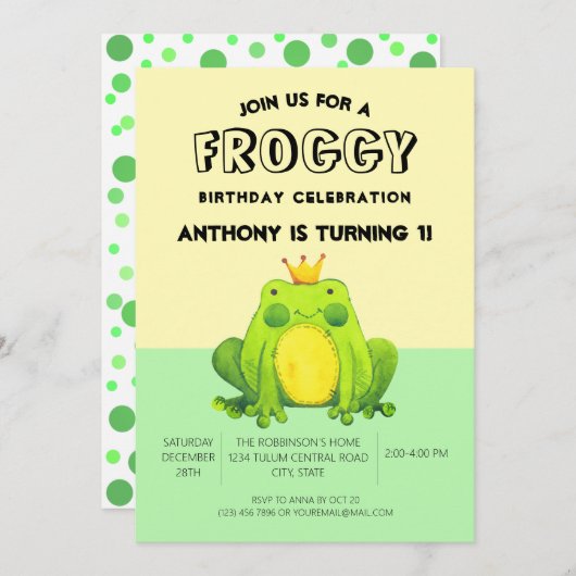 Froschbaby 1. Geburtstag grüne Konfetti personalis Einladung (Vorne/Hinten)