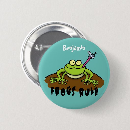Frösche herrschen lustig-grüner Frosch-Cartoon Button (Vorne & Hinten)