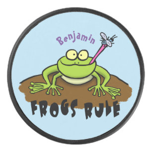 Frösche herrschen lustig-grüner Frosch-Cartoon Eishockey Puck