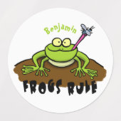 Frösche herrschen lustig-grüner Frosch-Cartoon Etiketten (Design 2)
