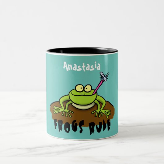 Frösche herrschen lustig-grüner Frosch-Cartoon Zweifarbige Tasse (Mittel)