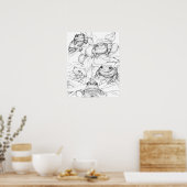 Frösche in Baumhütten Blätter Schwarz-weiße Tinten Poster (Küche)