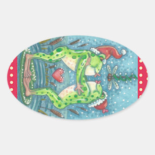 FRÖSCHE KÜSSEN, LIBELLEN-MISTELTOE-FERIENSCHILD OVALER AUFKLEBER