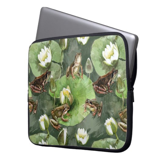 Frösche, Lilien, grün und weiß Laptopschutzhülle (Vorderseite Links)