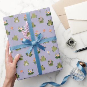 Frösche & Seerosenblätter auf hellgrau-lila Geschenkpapier
