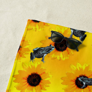 "Frösche und Sonnenblumen: Ein spielerisches Natur Strandtuch