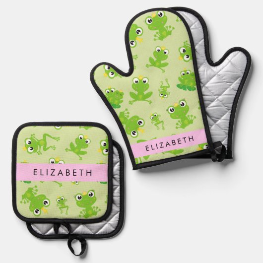 Froschmuster, grüne Frösche, Froschprinz, Ihr Name Ofenhandschuh & Topflappen-Set (Vorderseite/Rückseite)