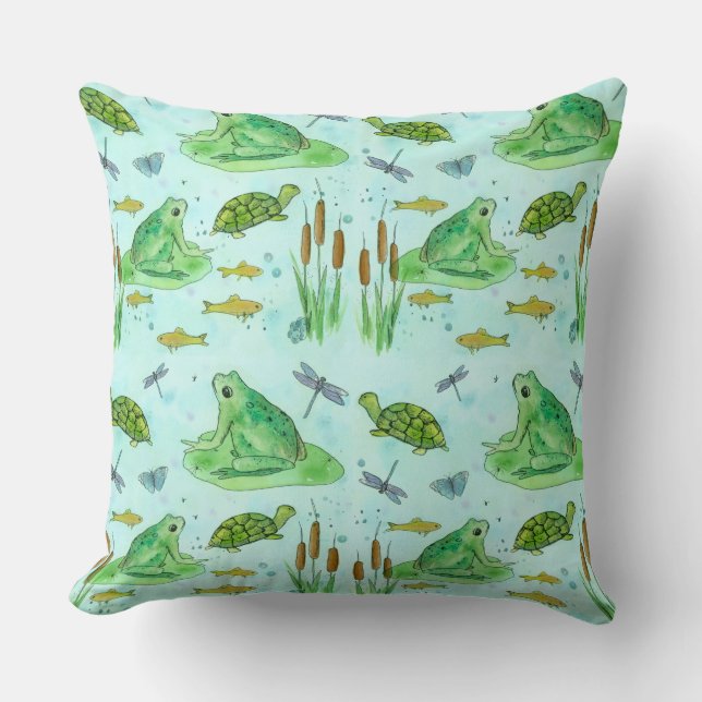 Froschteich Goldfish Turtles Dragonfly Green Kissen (Vorderseite)
