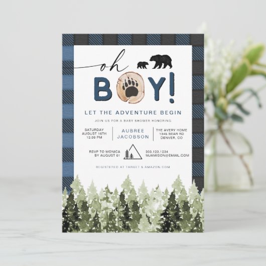 FROST Blue Flannel Pine Lumberjack Boy Baby Dusche Einladung (Stehend Vorderseite)