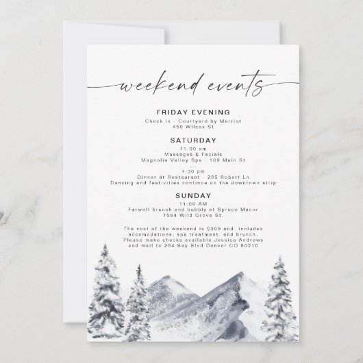 FROST Skihütte Bachelorette Itinerary Einladung (Rückseite)