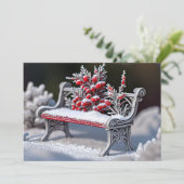 Frostbedeckte Bank in schneebedeckter Umgebung Feiertagskarte (Stehend Vorderseite)