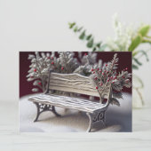 Frostbedeckte Bank mit Winterbeeren Feiertagskarte (Stehend Vorderseite)