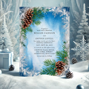 Frostblaue Winterkiefernzapfen-Hochzeit Einladung
