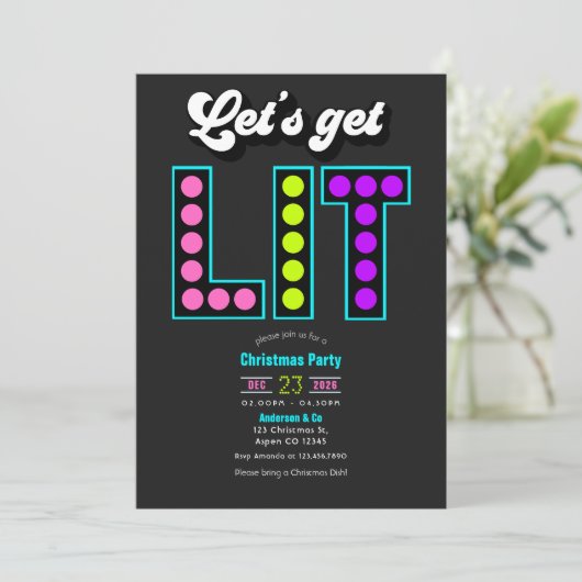 Frostbyte Lets Get Lit Retro Christmas Party Einladung (Stehend Vorderseite)