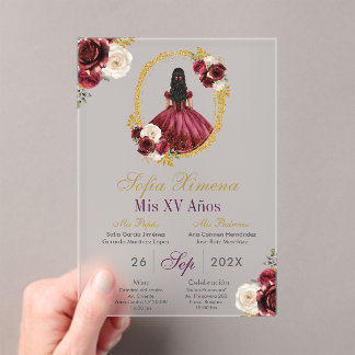 Frosted Acrylic Cherry Red Quinceañera Invitation Acryleinladungen