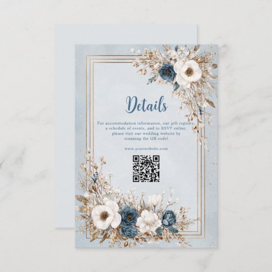 Frosted Bloom Dusty Blue and Gold Wedding Begleitkarte (Vorne/Hinten)