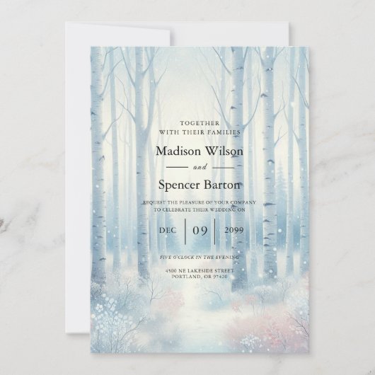 Frosted Blue Birch Forest Wedding Einladung (Vorderseite)