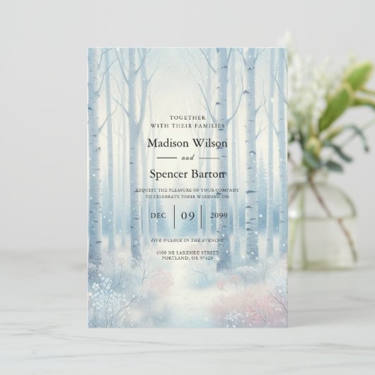Frosted Blue Birch Forest Wedding Einladung (Stehend Vorderseite)
