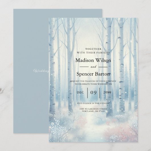 Frosted Blue Birch Forest Wedding Einladung (Vorne/Hinten)