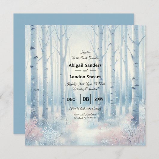 Frosted Blue Birch Forest Wedding Einladung (Vorne/Hinten)