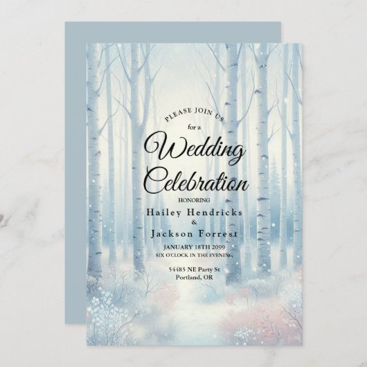 Frosted Blue Birch Forest Wedding Einladung (Vorne/Hinten)