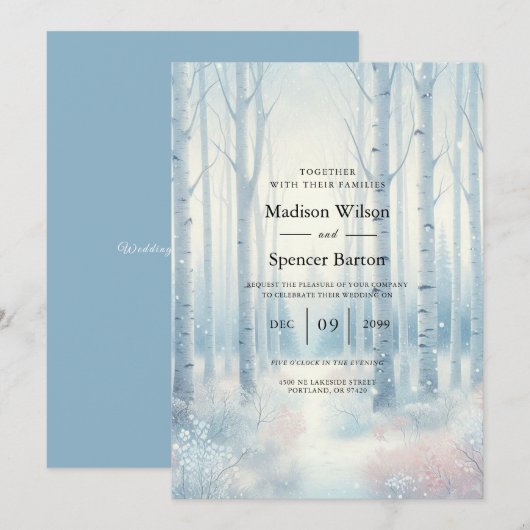 Frosted Blue Birch Forest Wedding Einladung (Vorne/Hinten)