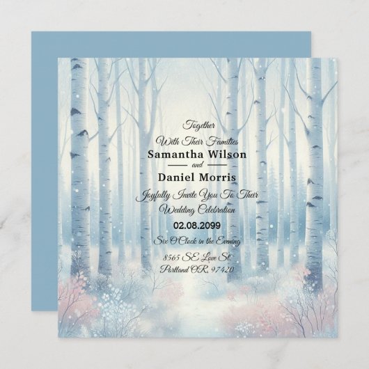 Frosted Blue Birch Forest Wedding Einladung (Vorne/Hinten)