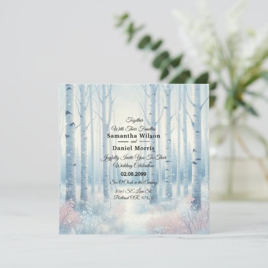 Frosted Blue Birch Forest Wedding Einladung (Stehend Vorderseite)