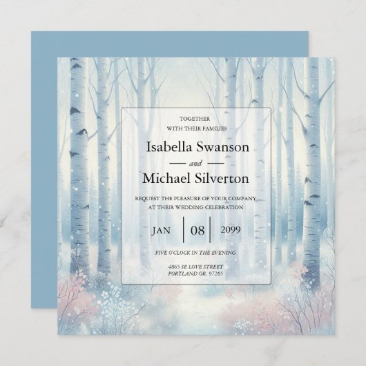 Frosted Blue Birch Forest Wedding Einladung (Vorne/Hinten)
