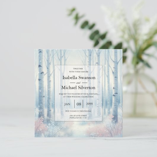 Frosted Blue Birch Forest Wedding Einladung (Stehend Vorderseite)