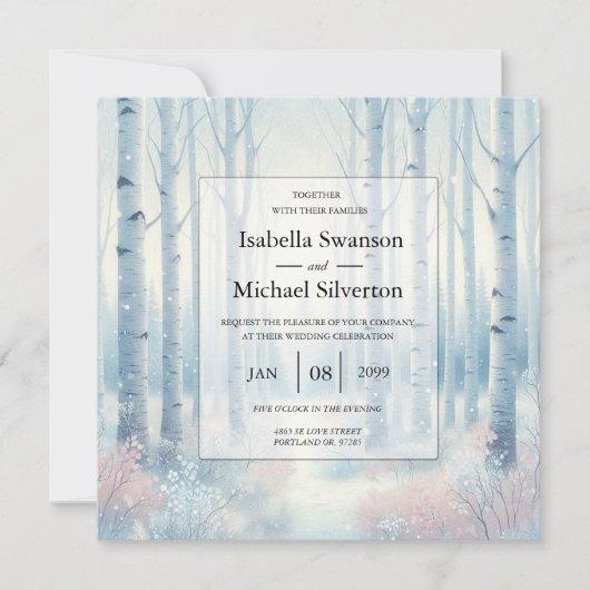 Frosted Blue Birch Forest Wedding Einladung (Vorderseite)
