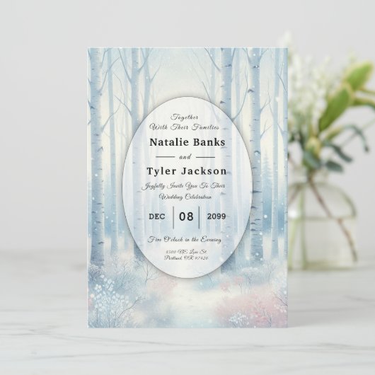 Frosted Blue Birch Forest Wedding Einladung (Stehend Vorderseite)