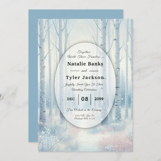 Frosted Blue Birch Forest Wedding Einladung (Vorne/Hinten)