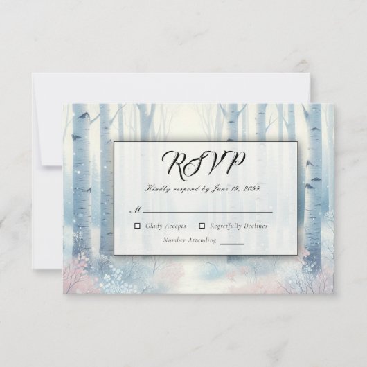 Frosted Blue Birch Forest Wedding RSVP Karte (Vorderseite)