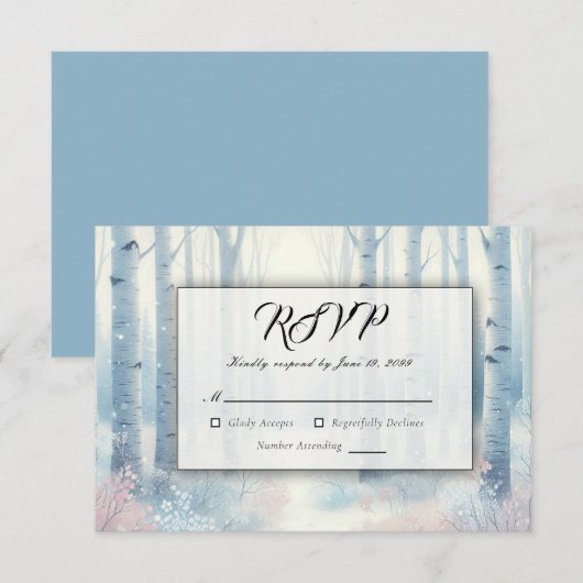 Frosted Blue Birch Forest Wedding RSVP Karte (Vorne/Hinten)